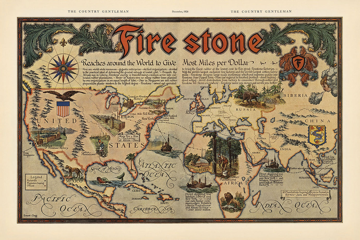 Mapa del Viejo Mundo de neumáticos Firestone de Clegg, 1928: alcance global, estilo decorativo, escenas industriales