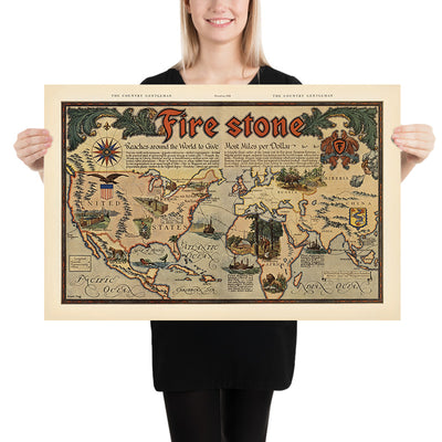 Carte du monde ancien Pneus Firestone de Clegg, 1928 : portée mondiale, style décoratif, scènes industrielles