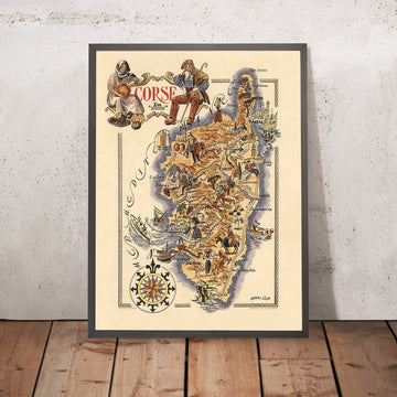 Vecchia mappa pittorica della Corsica di Liozu, 1951: Ajaccio, Corte, Bastia, Napoleone, Montagne 
