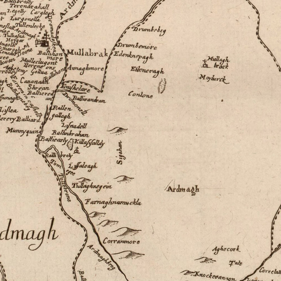 Mappa antica della Contea di Armagh di Petty, 1685: Armagh, Lough Neagh, Charlemont, Portadown, Lurgan 