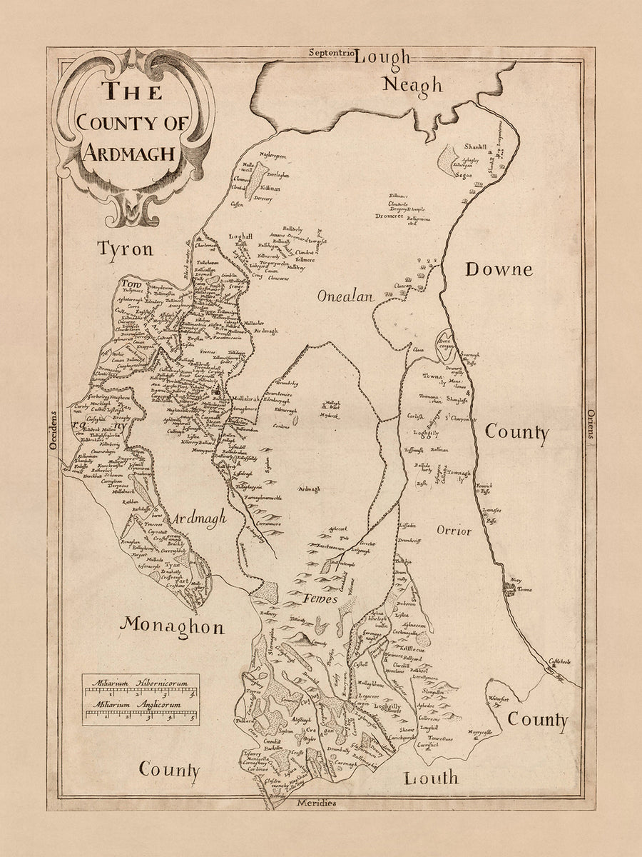 Mappa antica della Contea di Armagh di Petty, 1685: Armagh, Lough Neagh, Charlemont, Portadown, Lurgan 