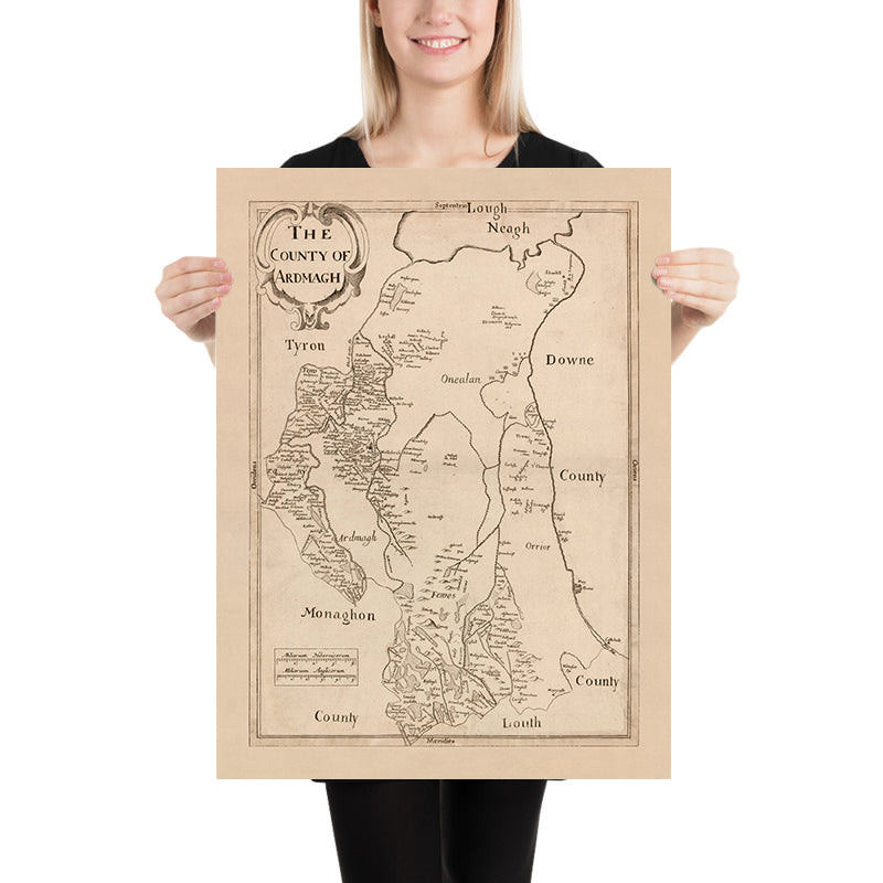 Mappa antica della Contea di Armagh di Petty, 1685: Armagh, Lough Neagh, Charlemont, Portadown, Lurgan 