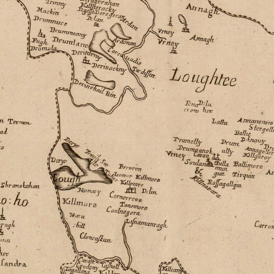 Vecchia mappa della contea di Cavan di Petty, 1685: Cavan, Belturbet, Killeshandra, Virginia, Cootehill 