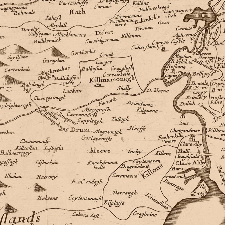 Mappa antica della Contea di Clare di Petty, 1685: Castello di Bunratty, Scogliere di Moher, Il Burren, Loop Head, Kilrush 