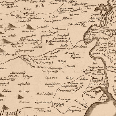 Old Map of County Clare by Petty, 1685: Bunratty Castle, Cliffs of Moher, The Burren, Loop Head, Kilrush