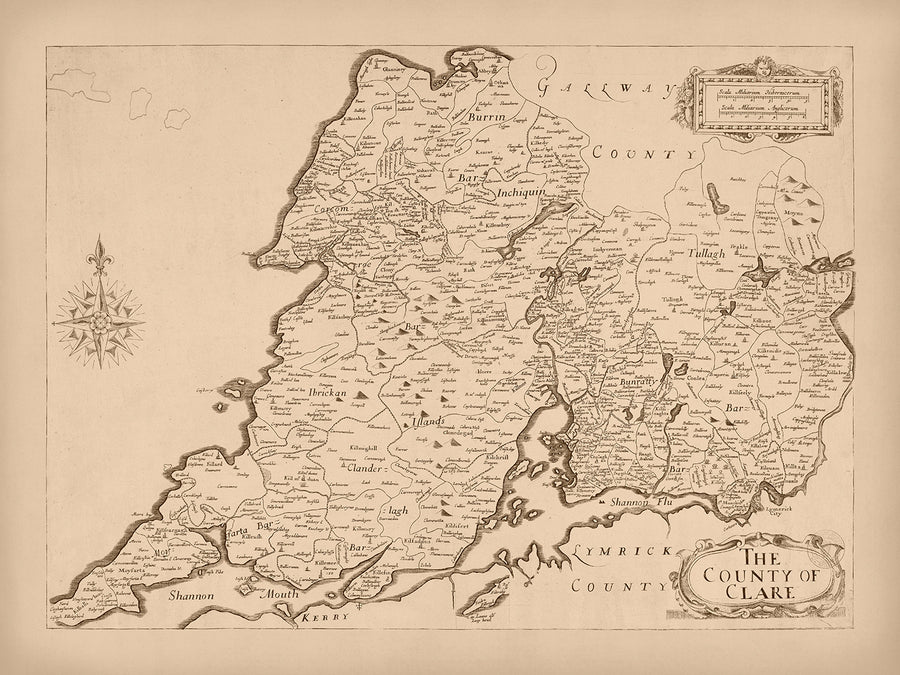 Mappa antica della Contea di Clare di Petty, 1685: Castello di Bunratty, Scogliere di Moher, Il Burren, Loop Head, Kilrush 