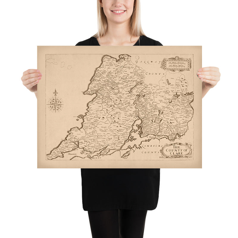 Mappa antica della Contea di Clare di Petty, 1685: Castello di Bunratty, Scogliere di Moher, Il Burren, Loop Head, Kilrush 
