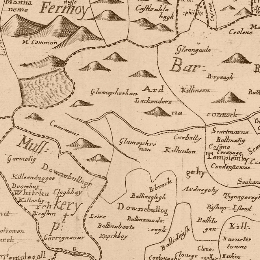 Mappa antica della contea di Cork di Petty, 1685: Kinsale, Bandon, Clonakilty, Bantry, Skibbereen 