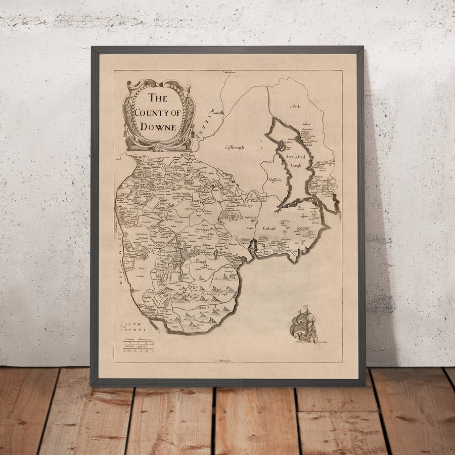 Mappa antica della Contea di Down di Petty, 1685: Bangor, Donaghadee, Hillsborough, Monti Mourne, Tollymore 