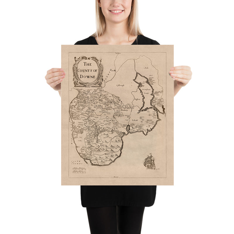 Mappa antica della Contea di Down di Petty, 1685: Bangor, Donaghadee, Hillsborough, Monti Mourne, Tollymore 