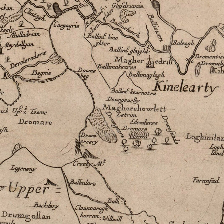 Mappa antica della Contea di Down di Petty, 1685: Bangor, Donaghadee, Hillsborough, Monti Mourne, Tollymore 
