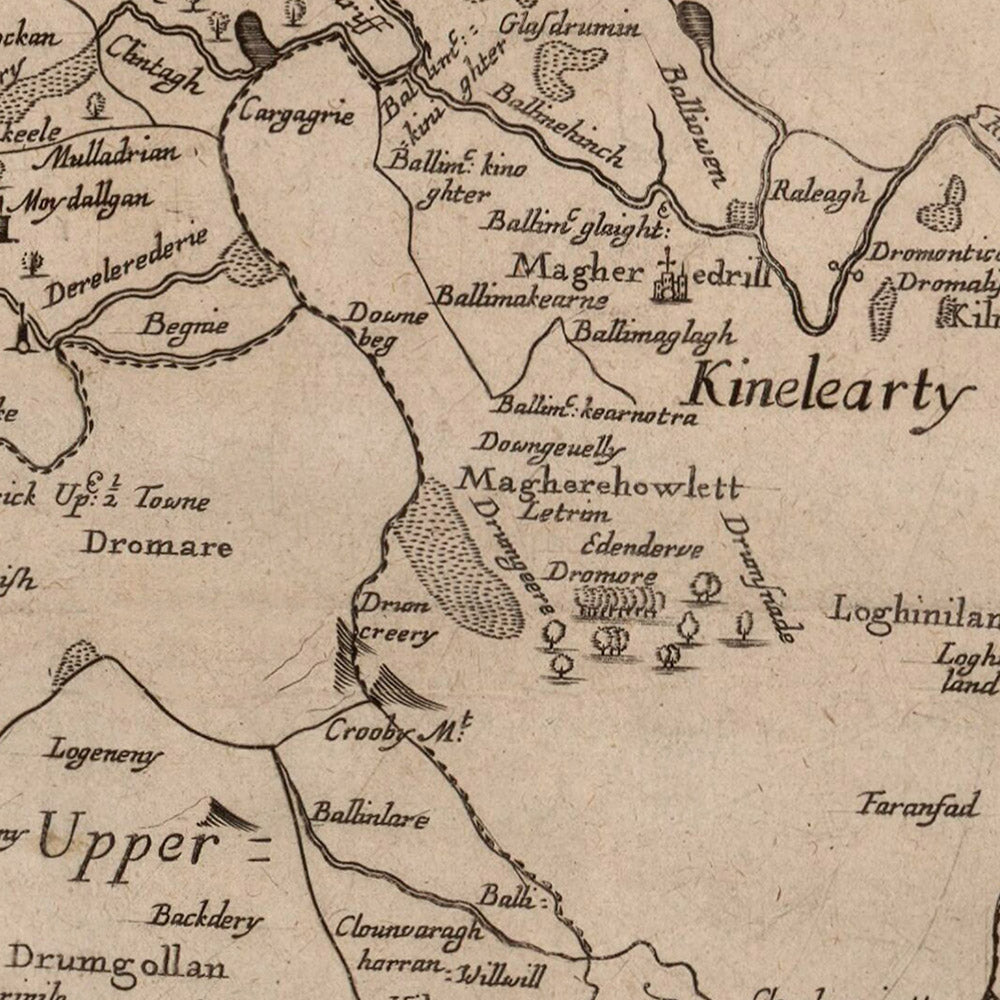 Mapa antiguo del condado de Down por Petty, 1685: Belfast, montañas Mourne, parque forestal Tollymore, Down Survey, pictórico