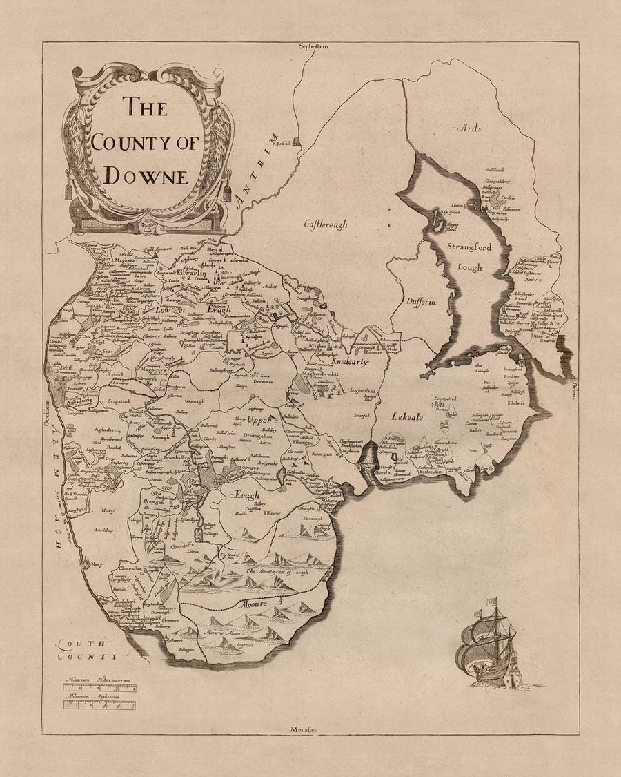 Mappa antica della Contea di Down di Petty, 1685: Bangor, Donaghadee, Hillsborough, Monti Mourne, Tollymore 