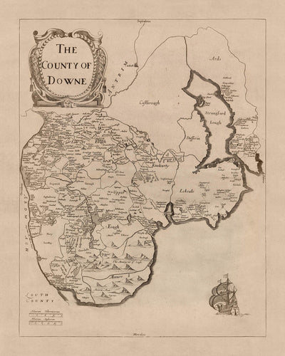 Ancienne carte du comté de Down par Petty, 1685 : Belfast, montagnes Mourne, parc forestier de Tollymore, Down Survey, illustré