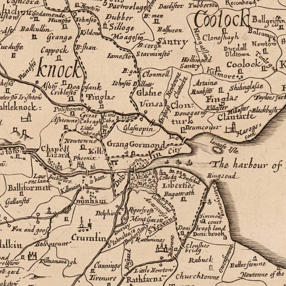 Mapa antiguo del condado de Dublín de Petty, 1685: Dublín, Swords, Malahide, Phoenix Park, St. Stephen's Green