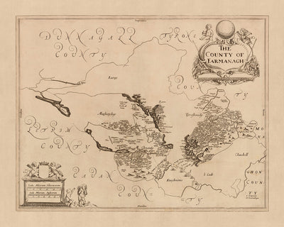 Ancienne carte du comté de Fermanagh par Petty, 1685 : Enniskillen, Castle Coole, Crom Estate, Florence Court, Lough Erne