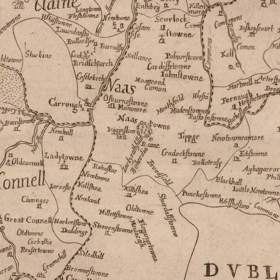 Mappa antica della Contea di Kildare di Petty, 1685: Kildare, Naas, Maynooth, Castledermot, Monasterevan 