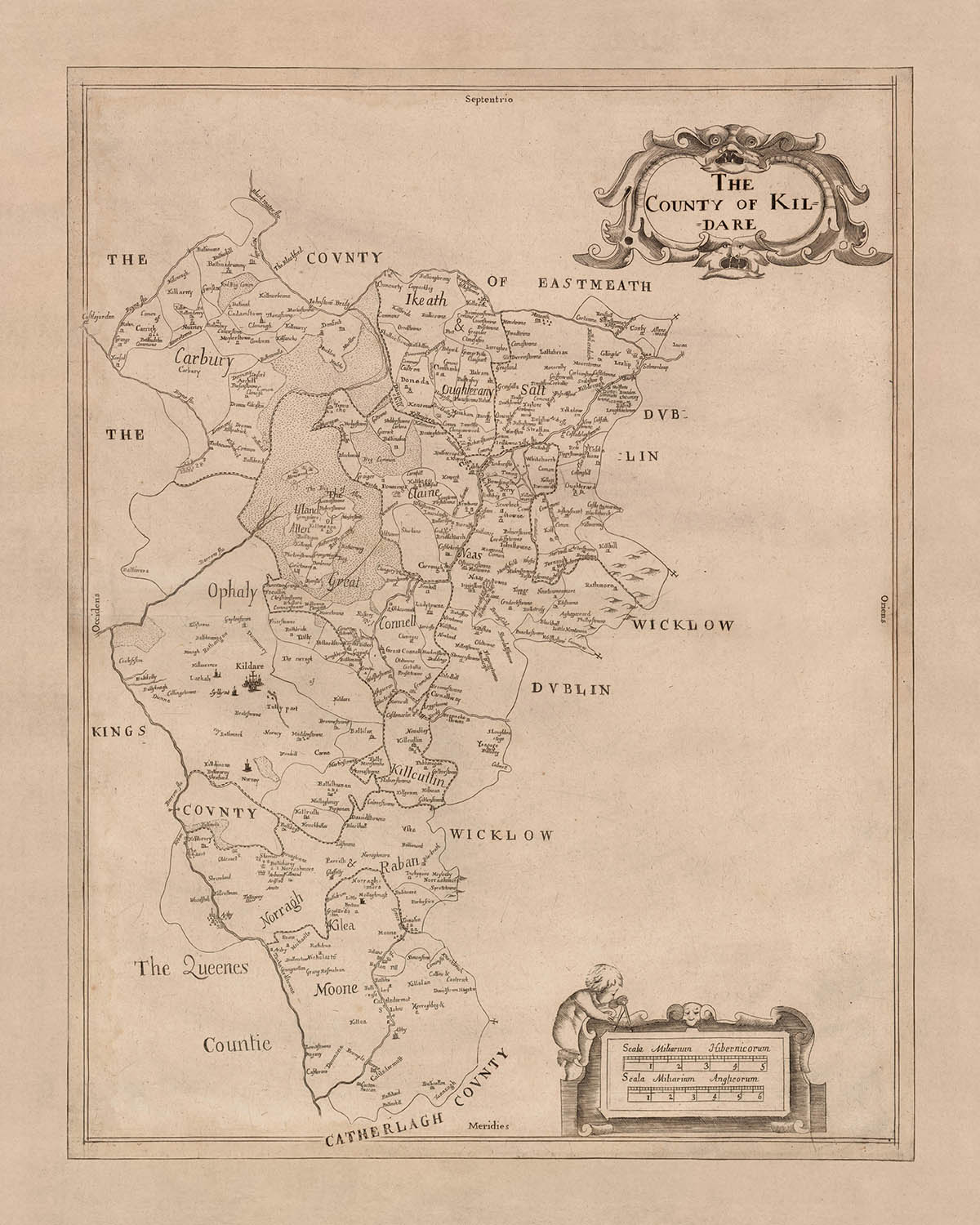 Ancienne carte du comté de Kildare par Petty, 1685 : Kildare, Naas, Maynooth, Castledermot, Monasterevan