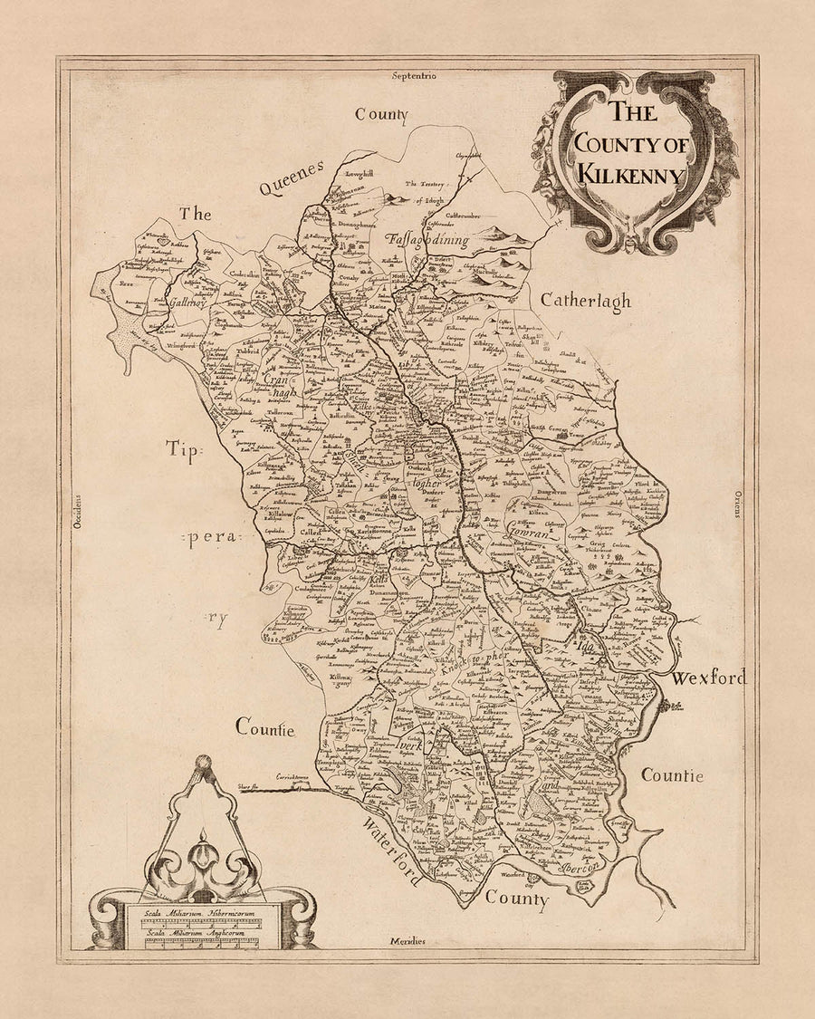 Old Map of County Kilkenny by Petty, 1685: Kilkenny, Callan, Thomastown, Jerpoint Abbey, Black Castle