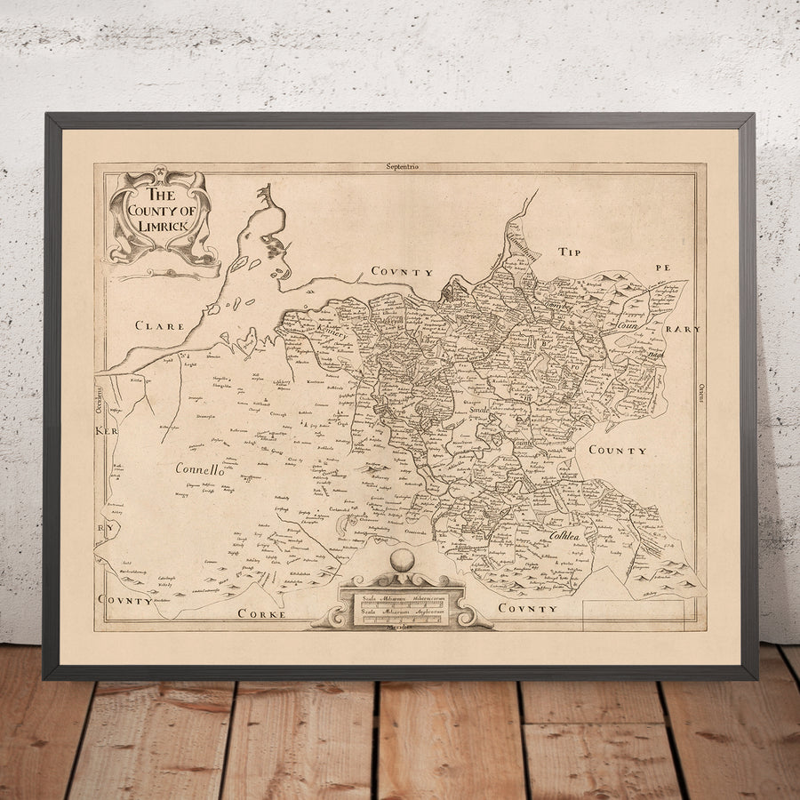 Mappa antica della Contea di Limerick di Petty, 1685: Limerick, Newcastle West, Rathkeale, Castello di Re Giovanni, Castello di Desmond 