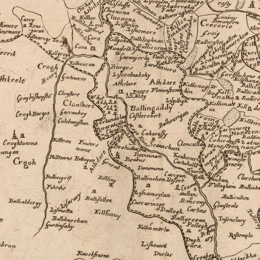 Mappa antica della Contea di Limerick di Petty, 1685: Limerick, Newcastle West, Rathkeale, Castello di Re Giovanni, Castello di Desmond 