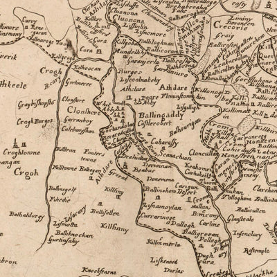 Mapa antiguo del condado de Limerick por Petty, 1685: Limerick, Newcastle West, Rathkeale, Castillo del Rey Juan, Castillo de Desmond