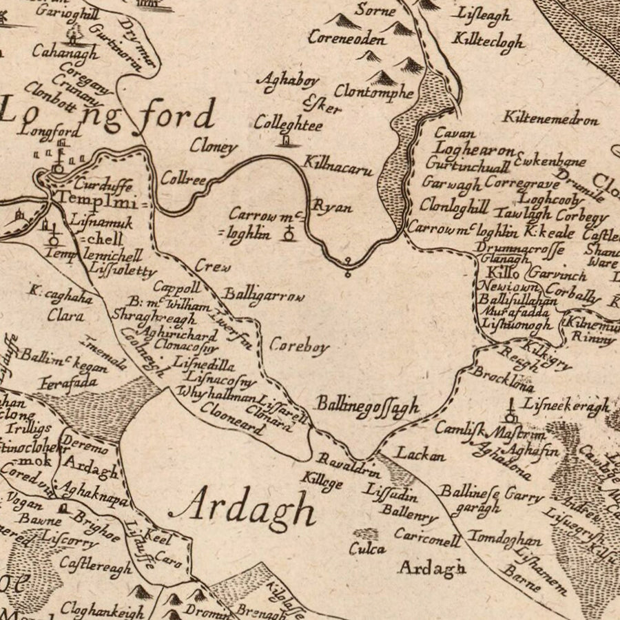 Old Map of County Longford by Petty, 1685: Kenagh, Lanesborough, Ballymahon, Edgeworthstown, Abbeyshrule