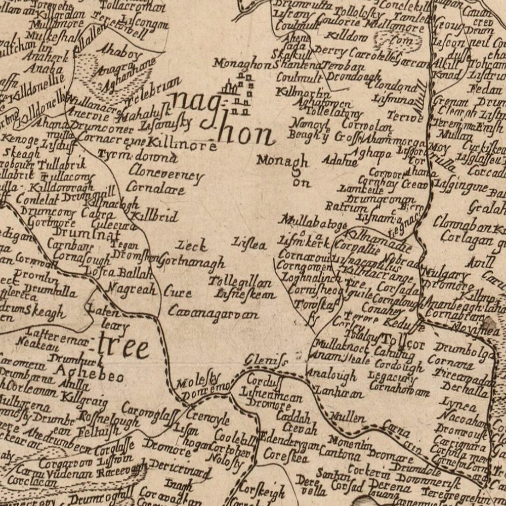 Mapa antiguo del condado de Monaghan, 1685: Monaghan, Glaslough, Castleblaney, Clones, Ballybay