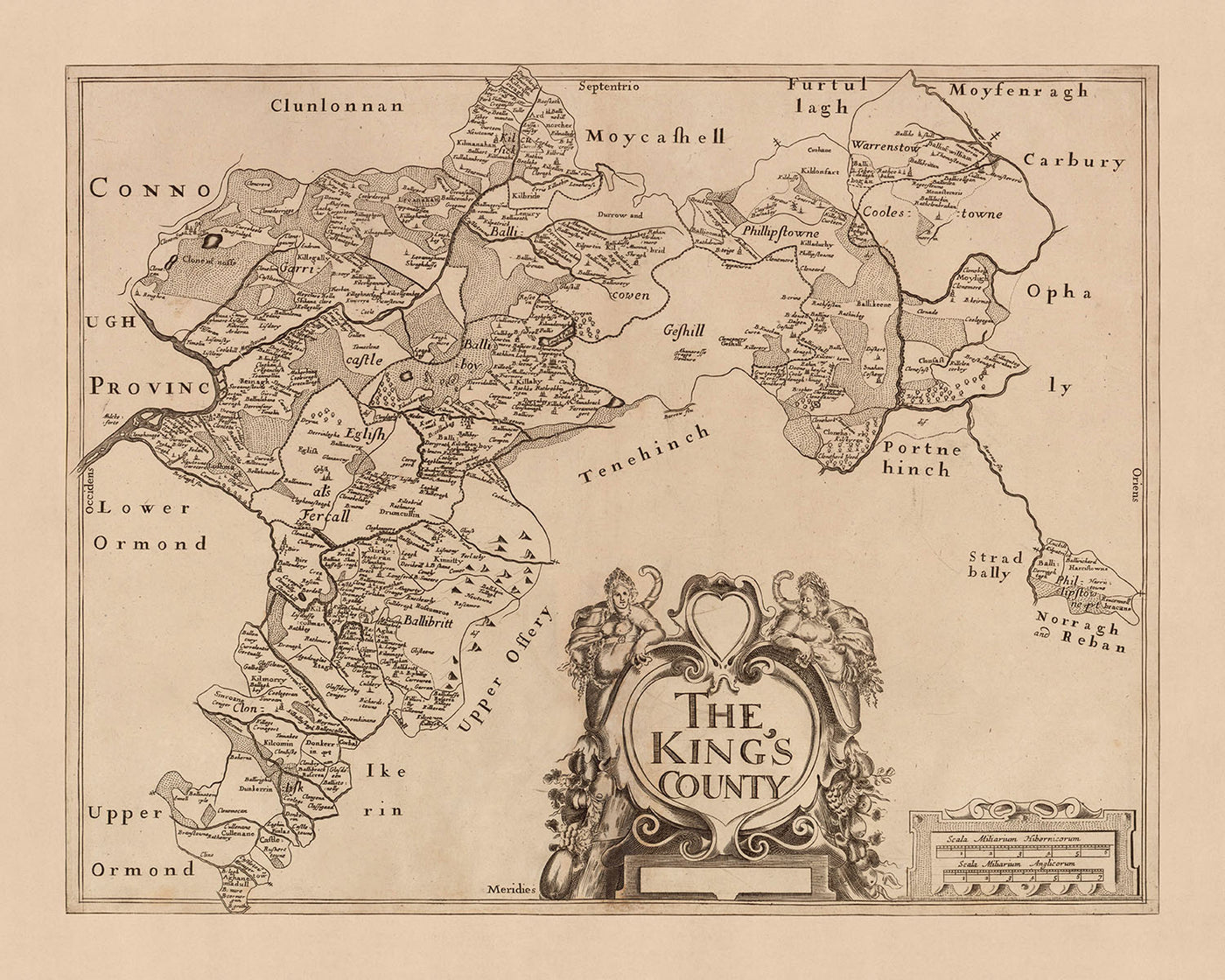 Alte Karte der Grafschaft Offaly von Petty, 1685: Tullamore, Birr, Shinrone, Banagher, Clara