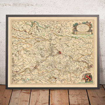 Vecchia mappa della contea di Namur, Belgio di Visscher, 1690: Charleroi, Dinant, Sambreville, Huy, Gembloux 