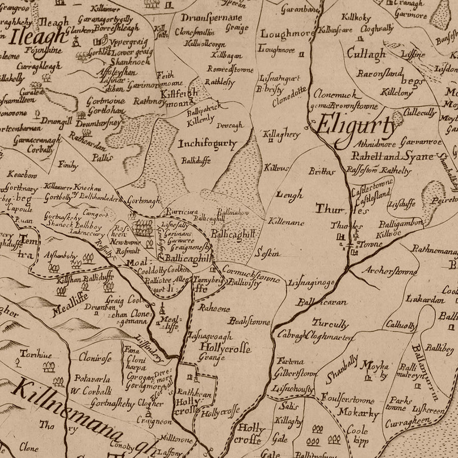 Old Map of County Tipperary by Petty, 1685: Cashel, Clonmel, Fethard, Nenagh, Roscrea