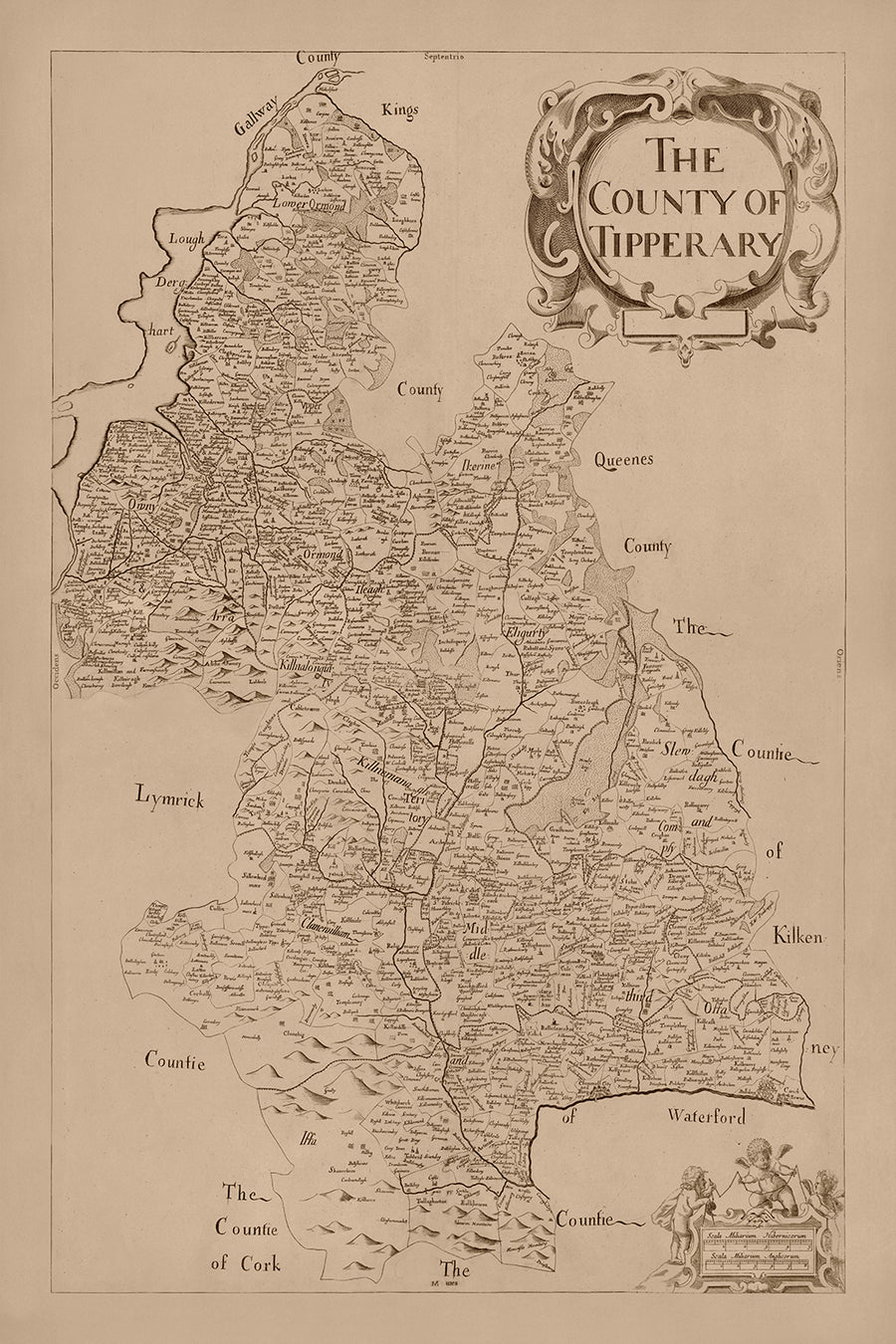 Old Map of County Tipperary by Petty, 1685: Cashel, Clonmel, Fethard, Nenagh, Roscrea