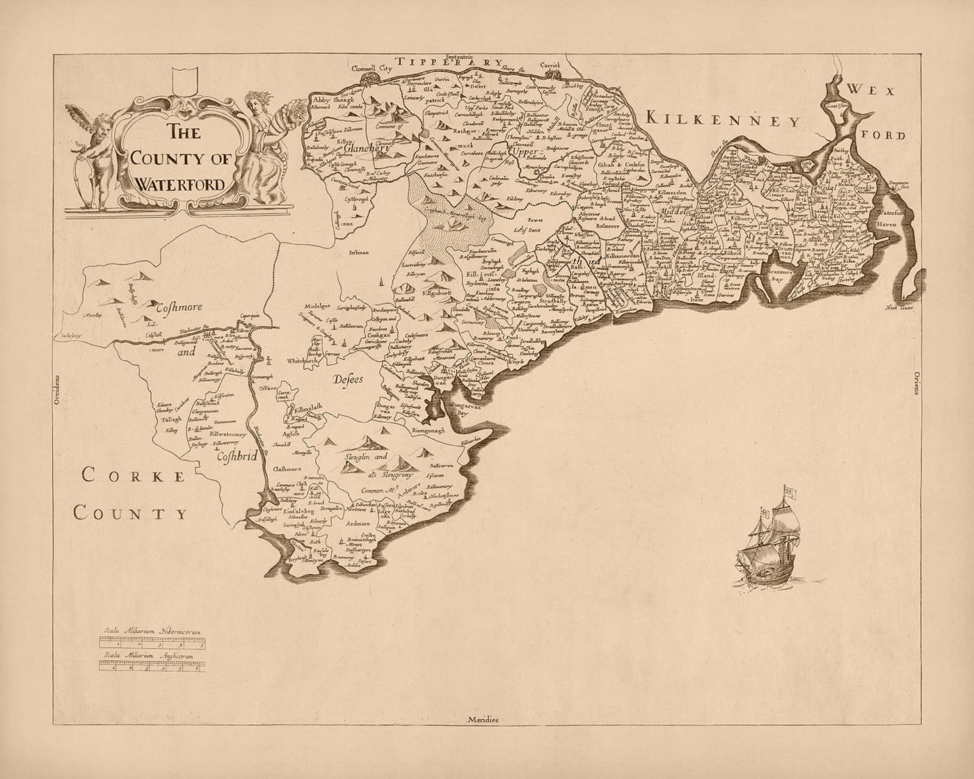 Alte Karte der Grafschaft Waterford von Petty, 1685: Waterford, Lismore, Tallow, Youghal, Cappoquin