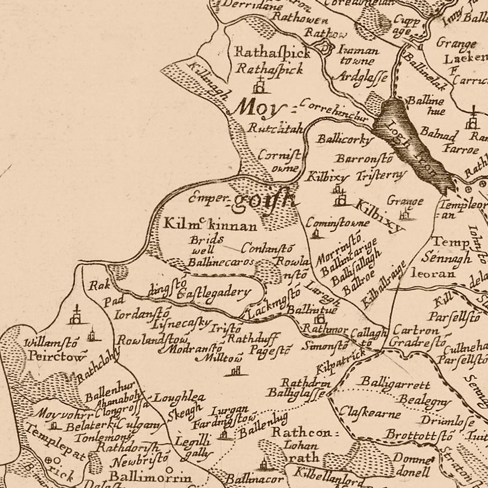 Alte Karte der Grafschaft Westmeath von Petty, 1685: Athlone, Mullingar, detaillierte politische und physische Karte