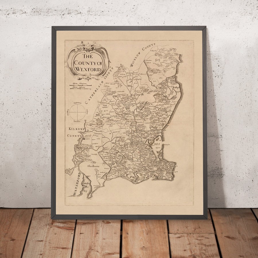 Old Map of County Wexford by Petty, 1685: Clonmines, Enniscorthy, New Ross, Bannow, Duncormick