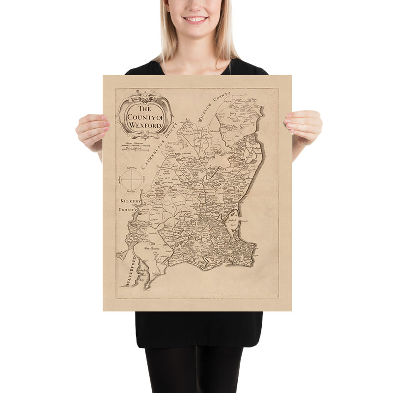 Old Map of County Wexford by Petty, 1685: Clonmines, Enniscorthy, New Ross, Bannow, Duncormick