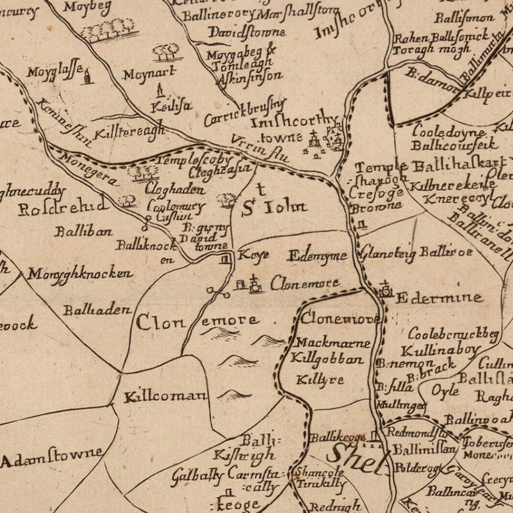 Mapa antiguo del condado de Wexford por Petty, 1685: Wexford, Enniscorthy, New Ross, Tintern Abbey, Hook Lighthouse