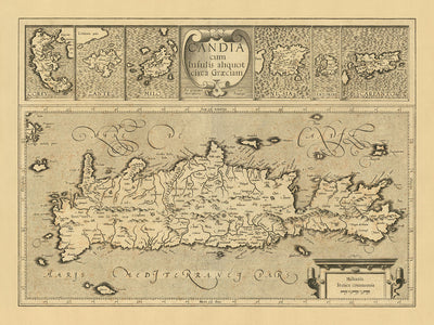 Old Map of Greek Islands by Mercator, 1610: Crete, Corfu, Zante, Santorini, Mountains