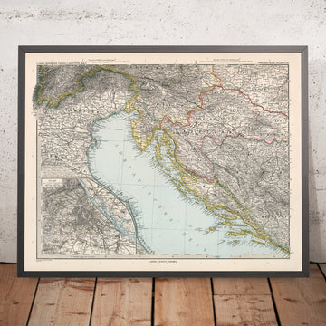 Antica mappa della Croazia e della Bosnia di Adolf Stieler, 1894: Mare Adriatico, la costa dalmata e le montagne Velebit 