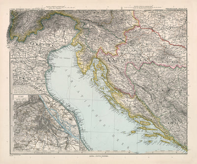 Mapa antiguo de Croacia y Bosnia de Adolf Stieler, 1894: mar Adriático, costa dálmata y montañas Velebit