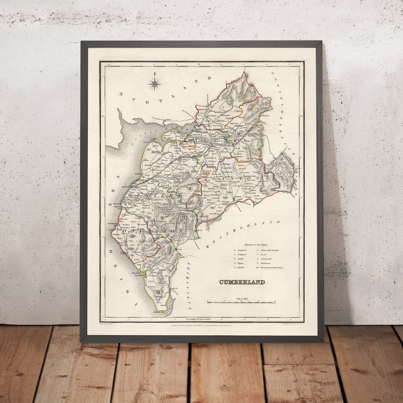 Alte Karte von Cumberland von Samuel Lewis, 1844: Carlisle, Whitehaven, Workington, Penrith und Keswick 