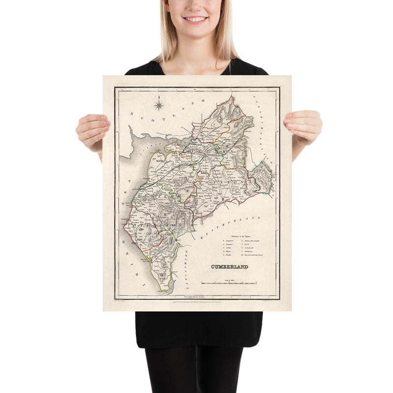 Alte Karte von Cumberland von Samuel Lewis, 1844: Carlisle, Whitehaven, Workington, Penrith und Keswick 