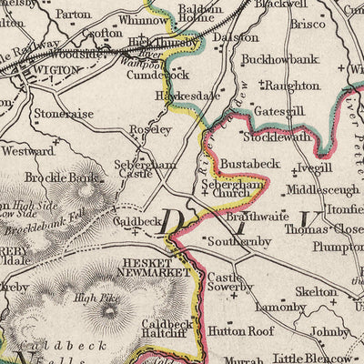 Alte Karte von Cumberland von Samuel Lewis, 1844: Carlisle, Whitehaven, Workington, Penrith und Keswick 