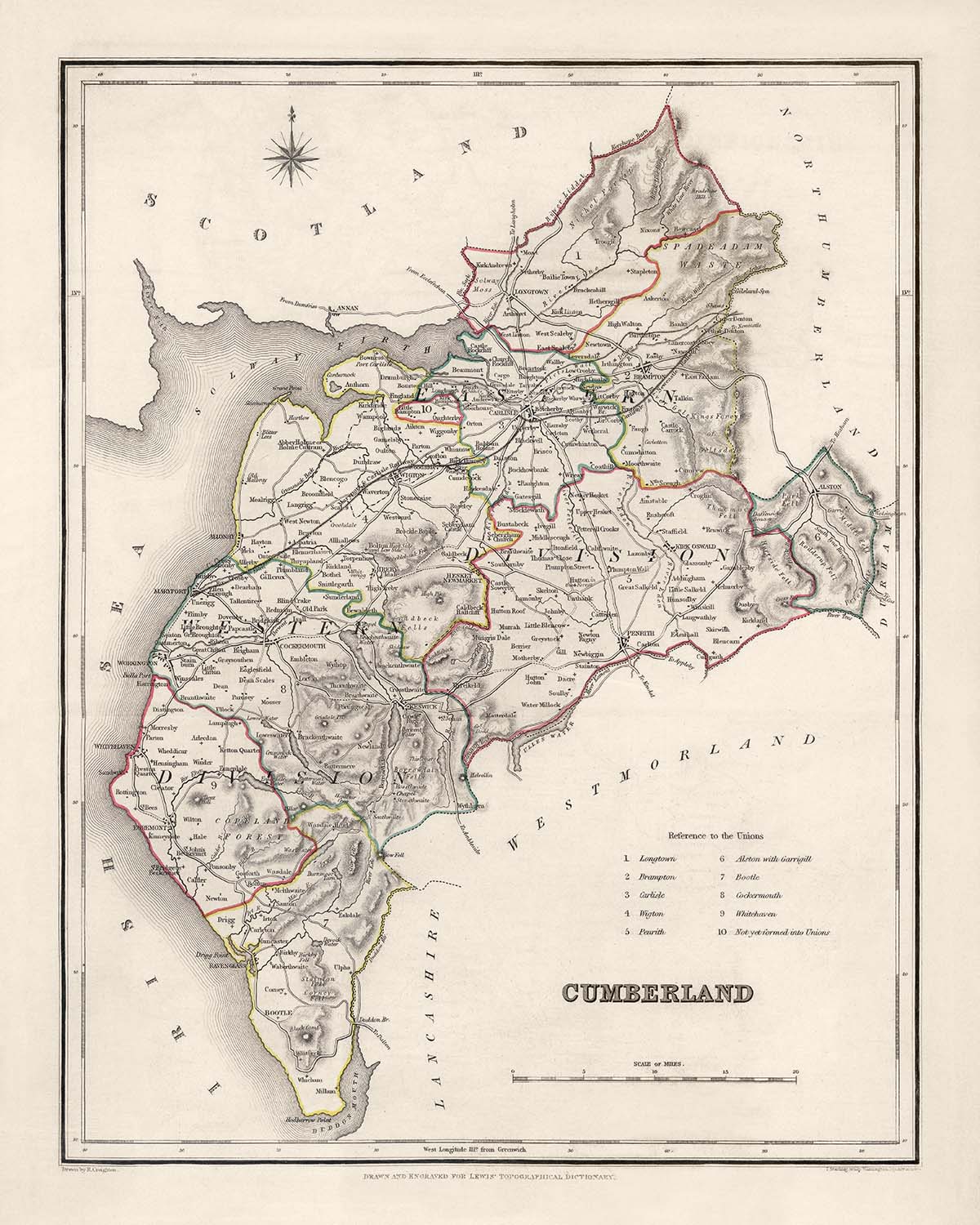Alte Karte von Cumberland von Samuel Lewis, 1844: Carlisle, Whitehaven, Workington, Penrith und Keswick 