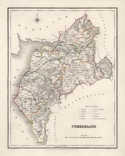 Alte Karte von Cumberland von Samuel Lewis, 1844: Carlisle, Whitehaven, Workington, Penrith und Keswick 