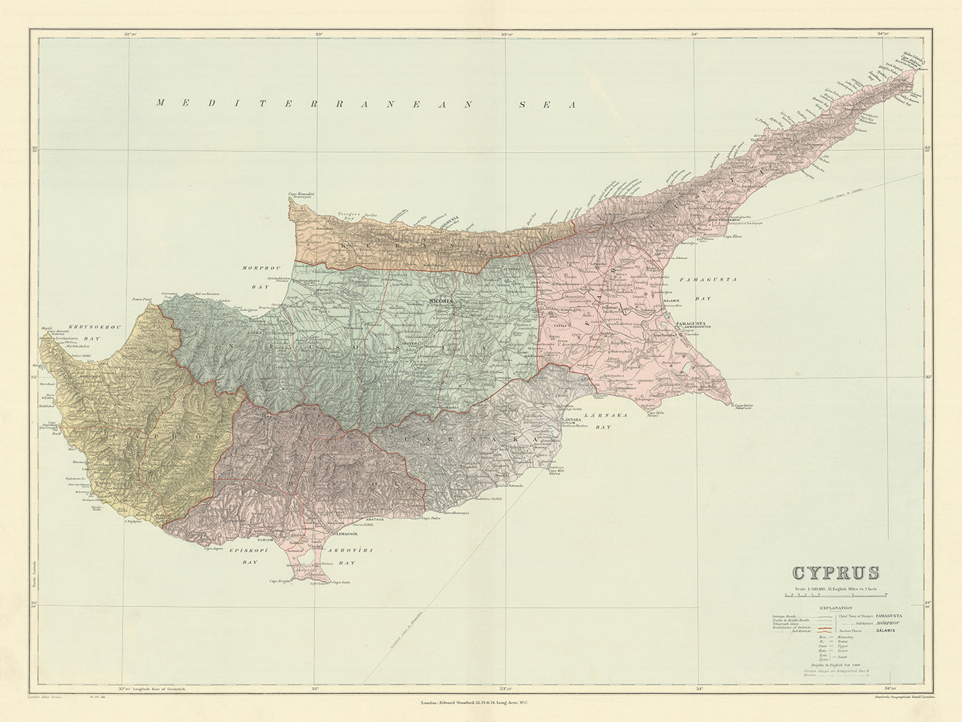 Ancienne carte de Chypre par Stanford, 1904 : Nicosie, montagnes du Troodos, sites antiques, baies, districts