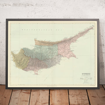 Mapa antiguo de Chipre de Stanford, 1904: Nicosia, montañas de Troodos, sitios antiguos, bahías, distritos