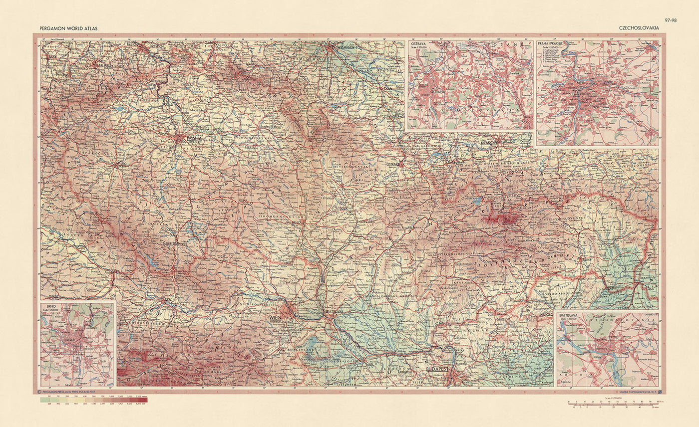 Alte Karte der Tschechoslowakei, 1967: Prag, Bratislava, Brünn, Ostrava, Nationalpark Riesengebirge