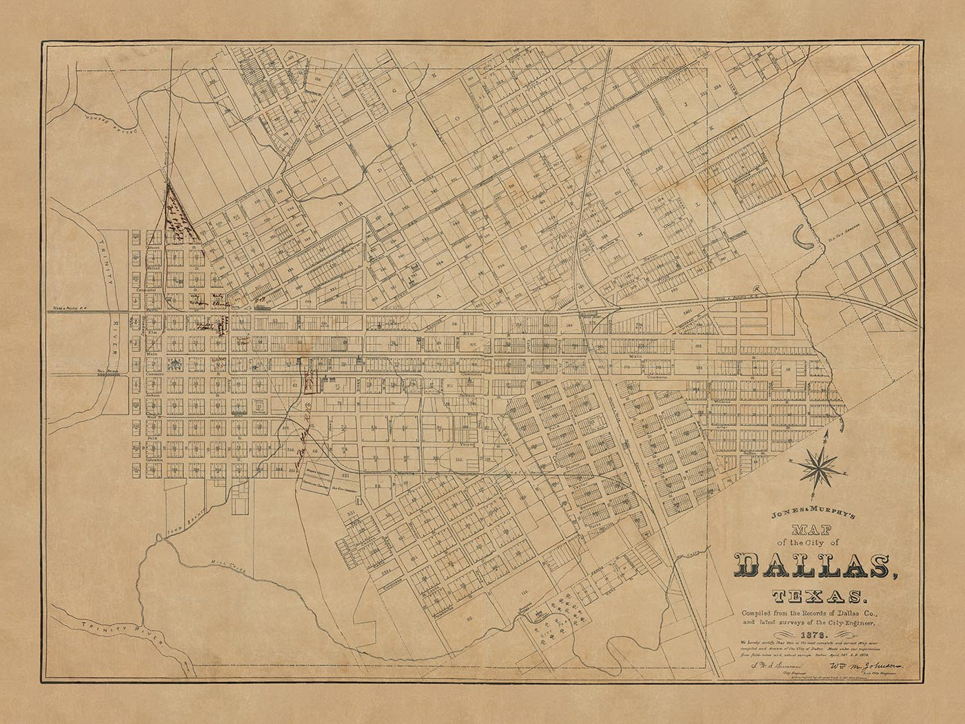 Old Map of Dallas, Texas in 1878 by Jones & Murphy - Main St, Ellum, Downtown, Arts District, Bryan Place