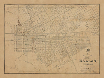 Old Map of Dallas, Texas in 1878 by Jones & Murphy - Main St, Ellum, Downtown, Arts District, Bryan Place